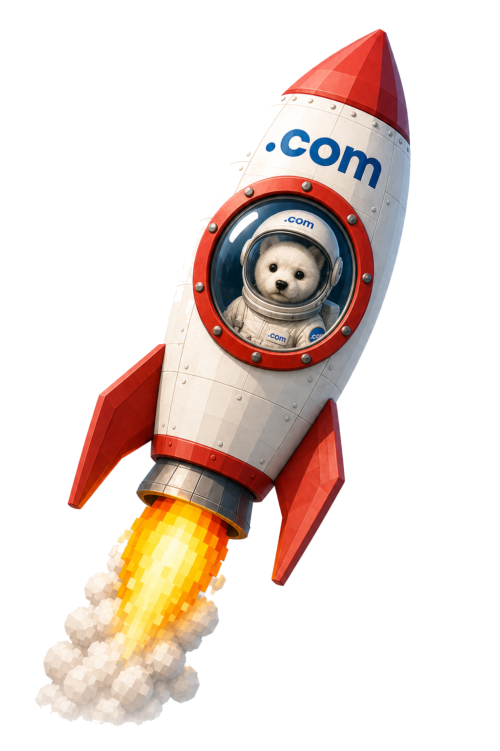 Flying .com rocket with astronaut dog inside the porthole